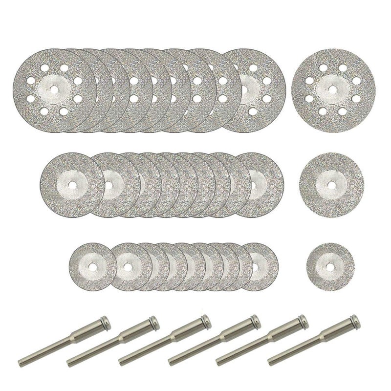 Hamineler 30 Pcs Diamond Cutting Wheel (25mm/20mm/16mm Each 10), Diamond Coated Cutting Wheel and 6pcs 3mm Mandrel for Rotary Tool - Image 1